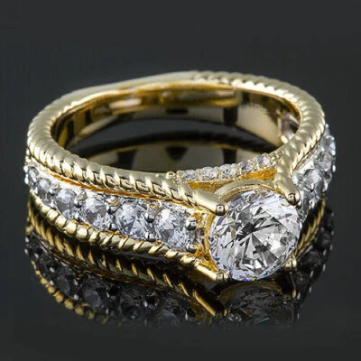 3Ct Taglio Rotondo Diamanti Finti Anello di Fidanzamento 14k Placcati Oro Giallo - Immagine 1 di 4