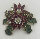 Vintage Brooch Red Green Holly Pine Cones Rhinestones Signed PD