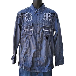 Roar Signature Button Up Shirt Men Sz L Embroidered Blue Designer - Picture 1 of 7