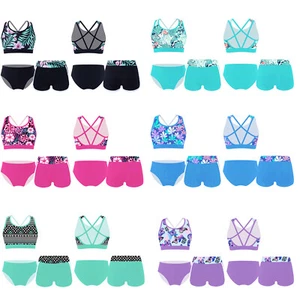 Girls 3Pcs Cross Straps Swimwear Open Back Crop Tops Floral Print Bathing Suit - Picture 1 of 82