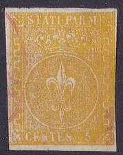 1853 PARMA 5 CENT GIALLO ARANCIO 2° EMISSIONE CON RARO ANNULLO ROSSO € 1.400+++.
