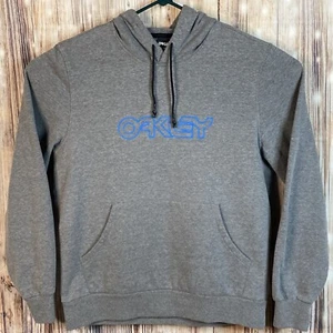 Oakley Womens XL Pullover Hoodie Gray Fleece Hooded Sweater Blue Spell Out Logo - Picture 1 of 19