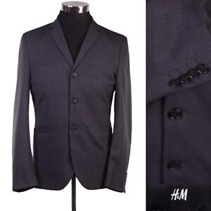 H&M Men Blazer Jacket Size 38R Slim Fit Gray Solid Print Three Button Polyester