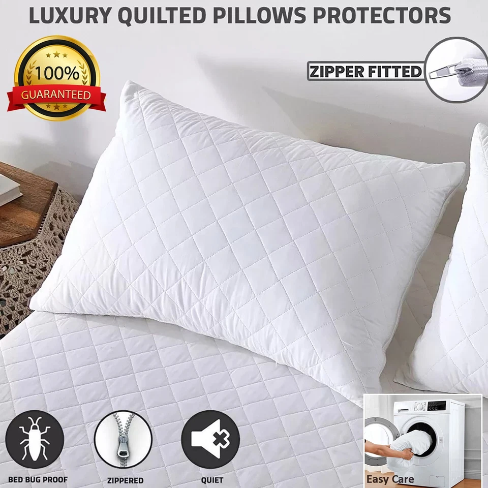 Pack of 4 Luxury Quilted Zipped Pillow Protectors Soft Pillow Pairs White Cover - Image 1 of 4