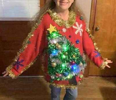 Feo Navidad Suéter Cárdigan Árbol de Navidad Luces Copos de Nieve Mujer 1X Lana Foto 1 de 4