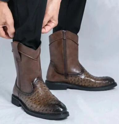 Botas masculinas de panturrilha média cowboy biqueira alta biqueira pontiaguda zíper lateral sapatos tamanho grande ocidental - Imagem 1 de 4