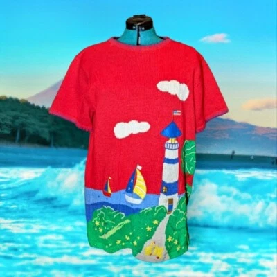 THE QUACKER FACTORY Lighthouse Sailing Nautical Red Sweater Top Sz Medium Womens - Image 1 of 4