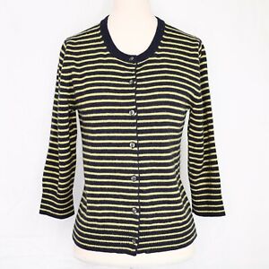 Banana Republic Lambs Wool Sweater Size Small Womens Cardigan Blue Yellow Stripe