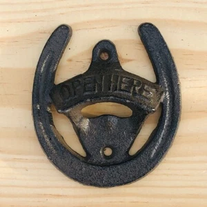 Cast Iron HORSESHOE Bottle Opener Wall Mount Bar Open Here Barware Beer Soda Pop - Picture 1 of 7