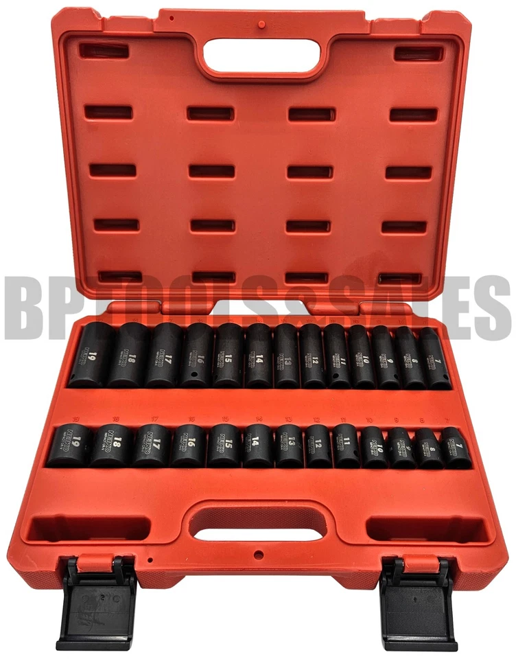 Juego CRV de 26 piezas 3/8" Dr. 6 PUNTOS métrico profundo poco profundo de impacto cromo vanadio Foto 1 de 1