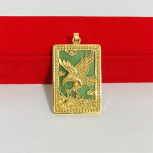 Men's Green protein stone eagle 24K Thai Baht Yellow Gold Plated Necklace - Picture 1 of 5