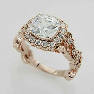 Vintage 2 CT Simulated Diamond Cushion Cut Engagement Ring 14k Rose Gold Plated - Picture 1 of 6