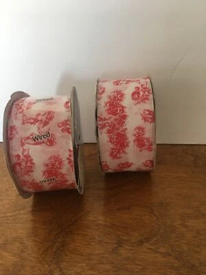 New (2) Offray Wired Ribbon-1 1/2” Wide-Red And White Cherub Angels And Flowers - Image 1 of 3