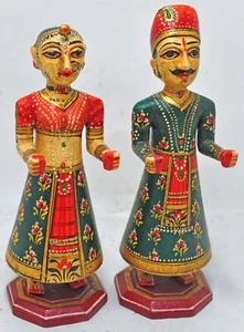 Hand Carved Hard Wood Man Woman Gangaur Figurines Pair Very Fine Painted - Picture 1 of 8