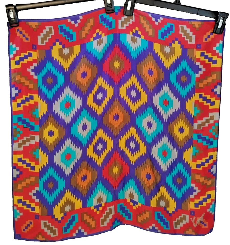 Kenzo Bold Western Geometric Festival Ethnic Flowy Satiny Silk Scarf 26" x 25" - Image 1 of 4