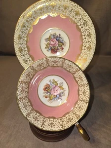 PINK AYNSLEY JA BAILEY SIGNED HAND PAINTED TEACUP & SAUCER SET CABBAGE ROSE - Picture 1 of 11