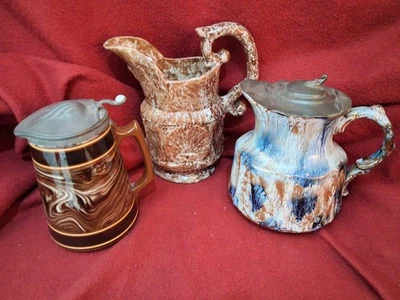 Job Lot 3 Jugs Antique Victorian Whieldon Agate Marble Glaze Shell Relief Pewter - Image 1 of 4