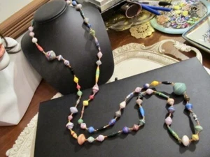 Vintage Recycled Hand Crafted Rolled Recycled Paper 56" Necklace - Bild 1 von 5
