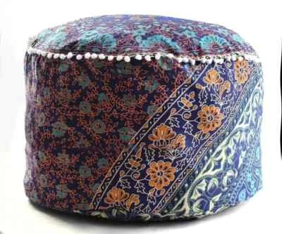 Round Ottoman 22" Cotton Pouf Scale Stool Chair Cover Moroccan Indian Handmade - Image 1 of 4