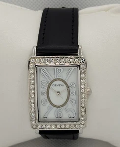 Ladies Geneva Beautiful Silver Tone Rectangle Paved Black Leather Strap Watch L2 - Picture 1 of 9