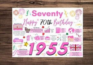 70. Happy Birthday Karte WEIBLICH FRAUEN DAMEN 1955 Erinnerungen Geburtsjahr Fakten - Bild 1 von 9