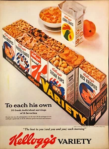 Paquete de variedades de cereales Kellogg's 1962 anuncio impreso vintage tops abiertos mostrando cereales - Imagen 1 de 6