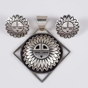 Emmett Navakuku Hopi Sun Face Sterling Silver Pendant Earrings Set Handmade - Picture 1 of 8