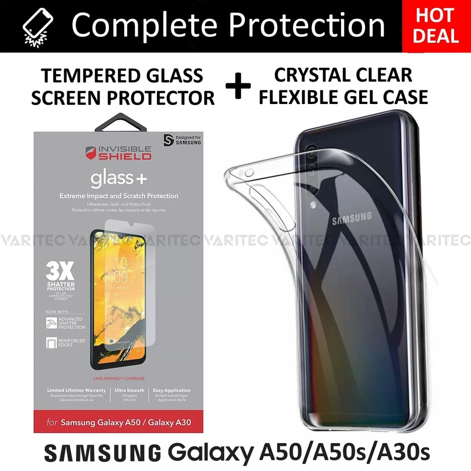 Clear TPU Gel Case Cover + Zagg Glass Screen Saver for Samsung Galaxy A50 A30s - Image 1 of 4