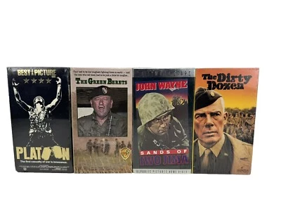 Lot of 4 New VHS War Military Movies Platoon True Green Berets Iwo Jima Dirty 12 - Image 1 of 4