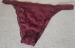 Maroon Nylon String Bikini Sheer Frilly Half Back Tanga Panties UK 12 - US 7 - Picture 1 of 10