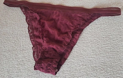 Maroon Nylon String Bikini Sheer Frilly Half Back Tanga Panties UK 12 - US 7 - Image 1 of 4