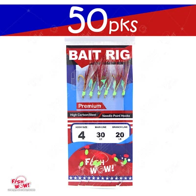 50pks Size 4 Premium Sabiki Fishing WOW Piscatore Red White Feather Bait Rig NEW - Image 1 of 3