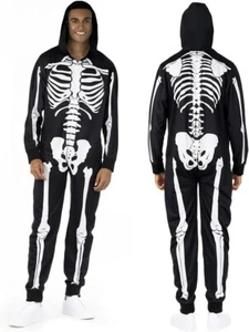 Men`s Skeleton Costume Adult One Piece Halloween Pajama Jumpsuit M - XXL - Picture 1 of 6