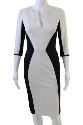 Black Halo Womens Colorblock V-Neck Short Sleeve Sheath Dress Black White Size 2 - Image 1 of 4