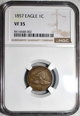 NGC VF-35 1857 Flying Eagle Cent, Well-Struck, Borderline XF specimen. - Image 1 of 2