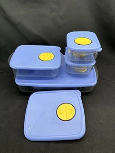 Set Of 4 & 1 Extra Log Rock N Serve Tupperware. Blue w Yellow Vent Lids. - Picture 1 of 11