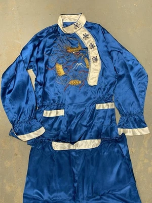 Vintage Asian Embroidered Dragon Silk Rayon 2 Piece Blue Pajama Set 1960s - Image 1 of 4