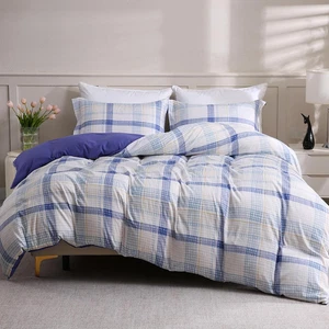 Queen Duvet Cover Set Printed 3 Pieces, (No Comforter) 1 Lightweight Plaid Purpl - Picture 1 of 8