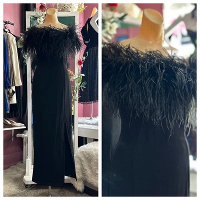 Vintage 90s Feather Trimmed Maxi Dress Black Sleeveless Formal Evening XS/S - Image 1 of 4