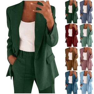 Women Two Piece Lapels Suit Set Office Business Long Sleeve Button Formal - Picture 1 of 32