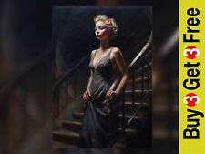Elegant Woman on Staircase Art Print - Timeless Elegance, 5" x 7" Paper