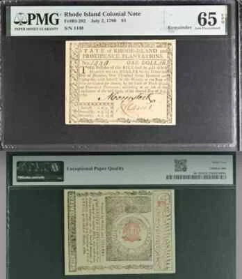 Rhode Island Colonial Fr#RI-282 July 2, 1780 $1 PMG 65 EPQ GEM UNC. Remainder. - Image 1 of 3