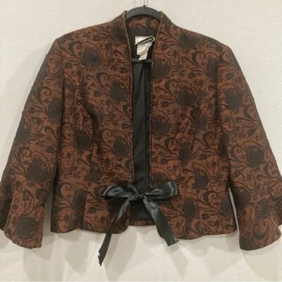 Joseph Ribkoff Brown Black Floral Tie Front Ruffle Sleeve Evening Jacket size 14 - Image 1 of 4