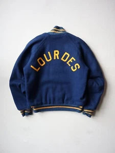 Vintage 60s Lourdes Letterman Wool Bomber Jacket Size S Blue Pitt Bro Athletic - Picture 1 of 6