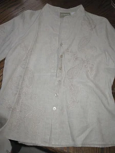 WOMANS MEDIUM BEIGE LIZ CLAIBORNE LINEN BUTTON DOWN JACKET TUNIC TOP EMBROIDERED - Picture 1 of 8