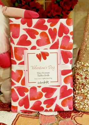 COLORDRIFT Valentine's Day Red & Pink Hearts Fabric Tablecloth 60x104” NEW - Image 1 of 4