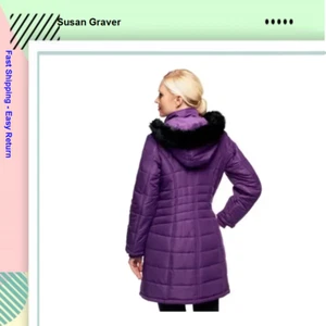 Susan Graver Puffer Long Coat with Removable Faux Fur Hood , Orchid XX-Small - Picture 1 of 5