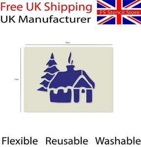 Snowy Cabin Christmas Craft Art Stencil approx 18cm x13cm Reusable - UK Shop - Picture 1 of 8