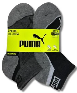 PUMA SOCKS BOYS X6 - QUARTER 253 - WAVE BLACK GREY - LARGE SZ SHOE 4-9.5 -6 PACK - Picture 1 of 2