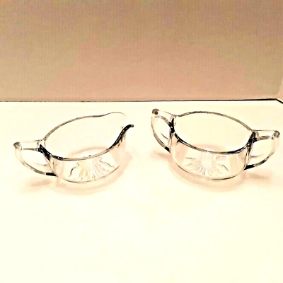 Vintage MCM Cream & Sugar Bowl Clear Glass Starburst Low Profile 2pc Teeny Chip - Image 1 of 4